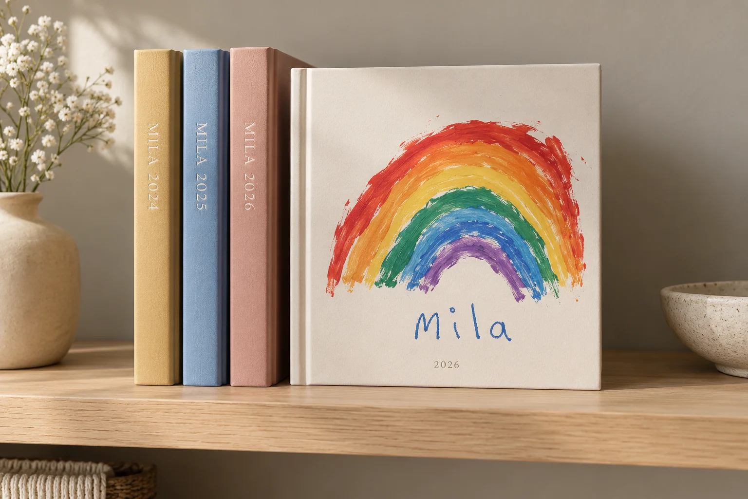 A yearly collection of colourful Mila art books with a child's handwritten signature on the rainbow cover
