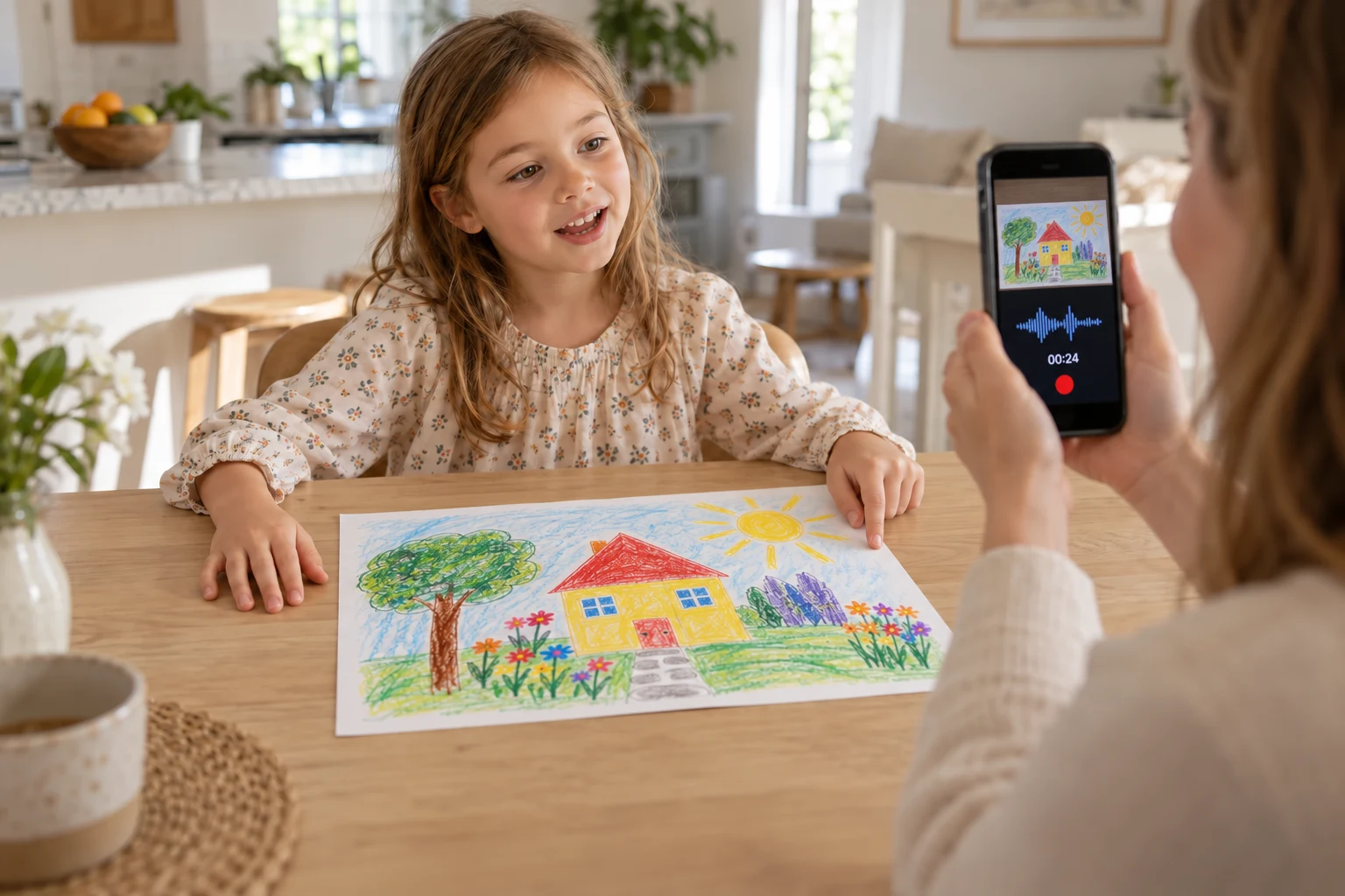 A mother records her child describing a loose drawing; the phone shows its photo above sound waves and a red recording dot