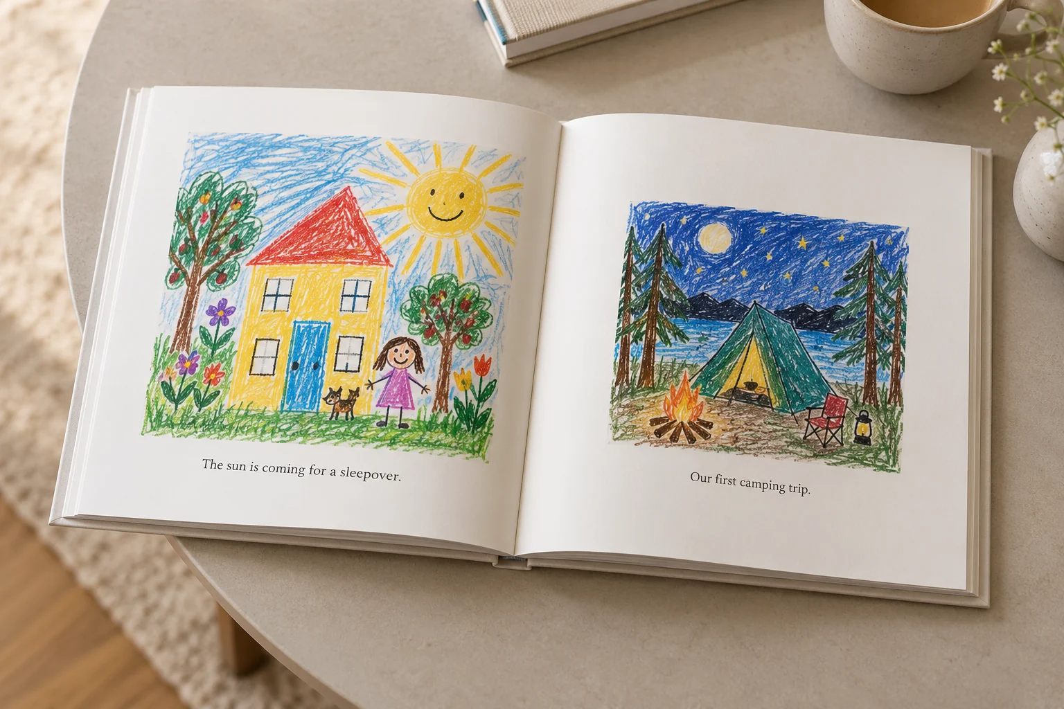 An open art book with a child's own words below a sunny house drawing and a parent's caption below a camping picture