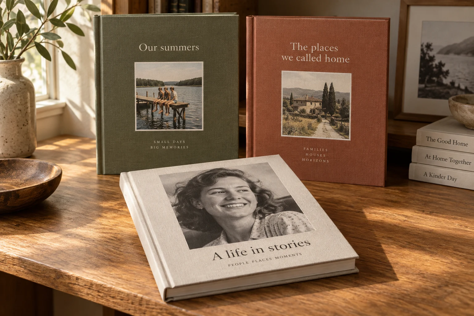 Illustrative family memory books titled A life in stories, Our summers and The places we called home