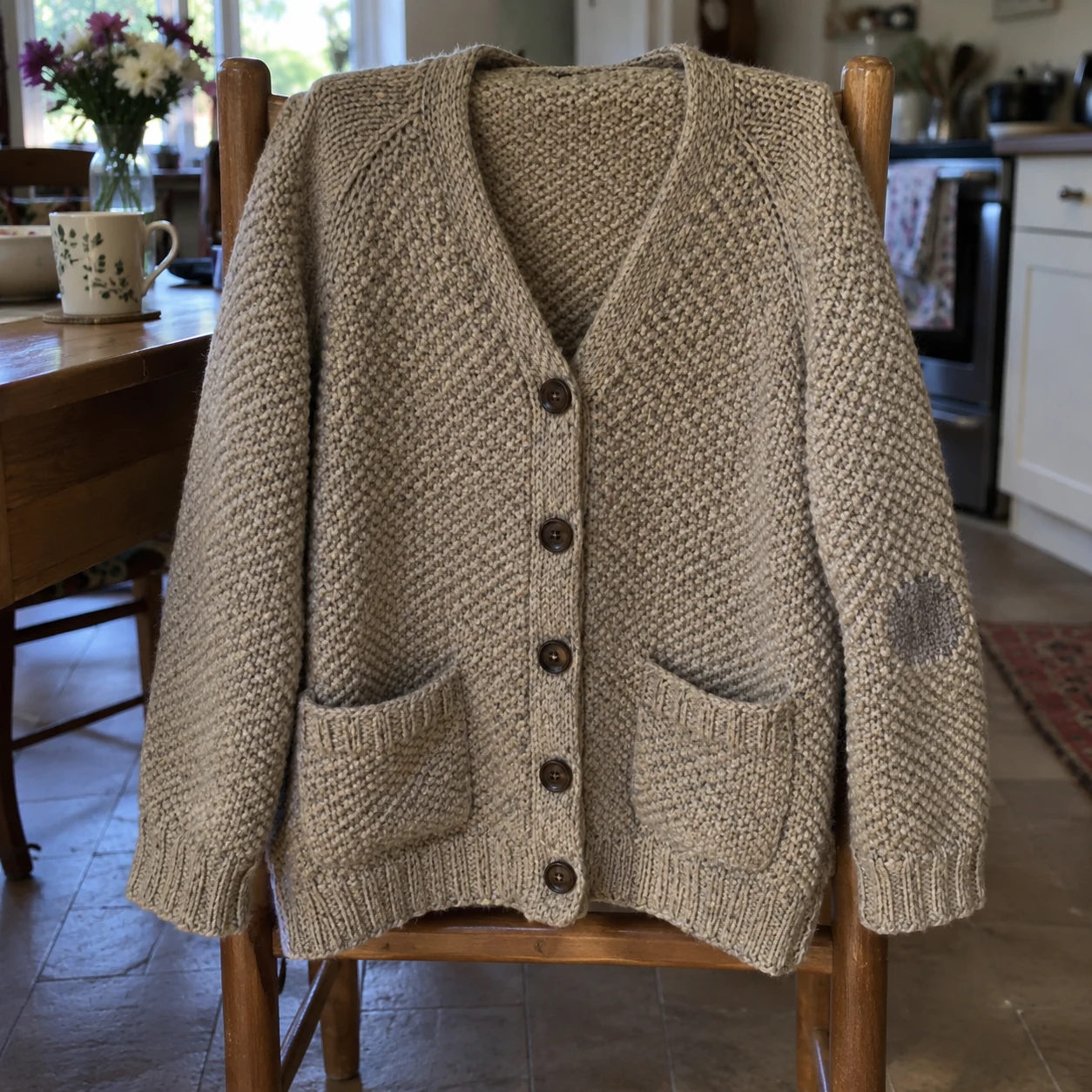A worn knitted cardigan draped over a kitchen chair