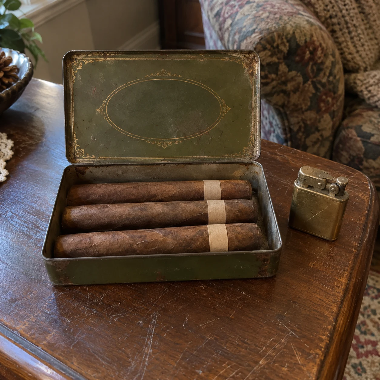 An old cigar tin and brass lighter on a wooden table