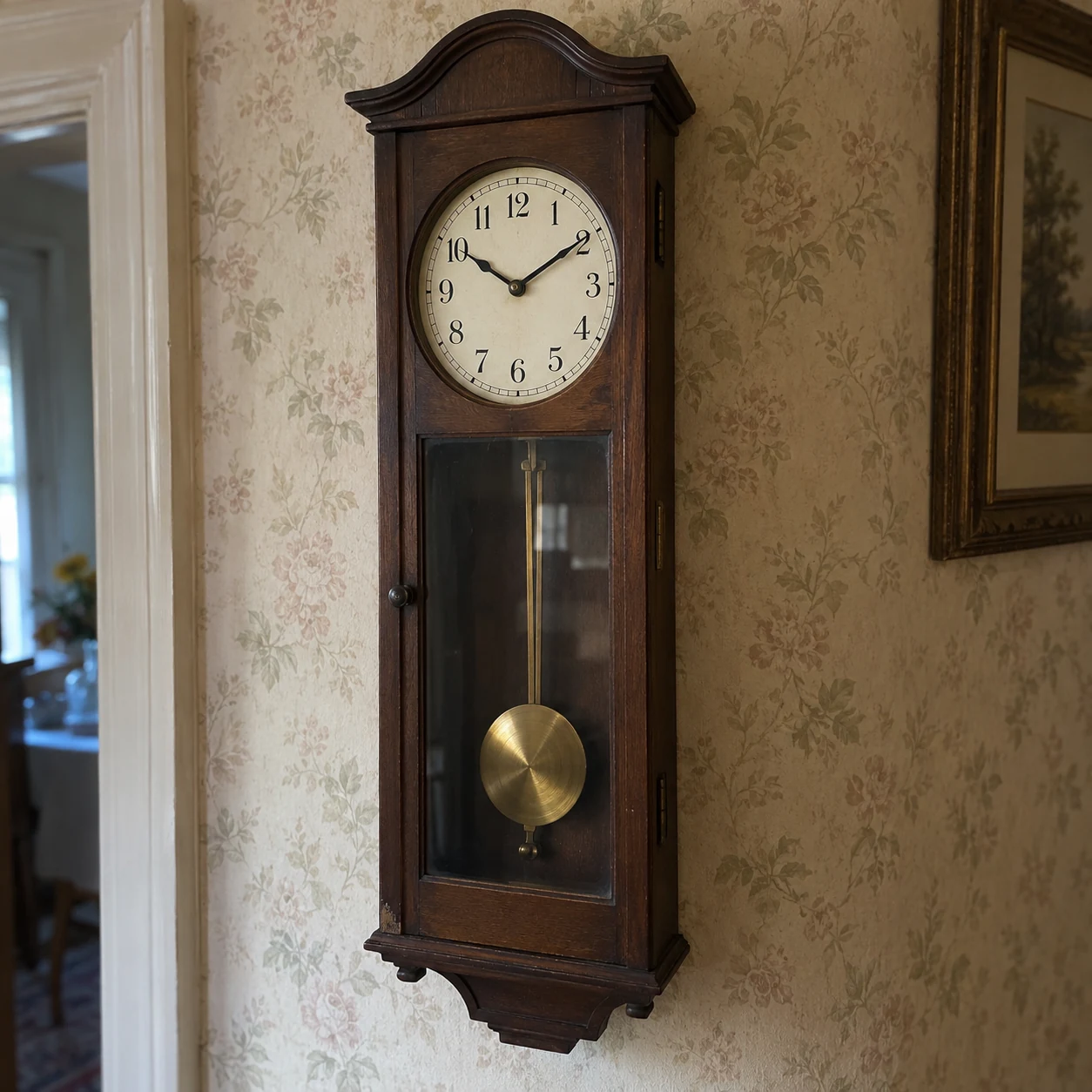 An old wooden pendulum clock on the hallway wall