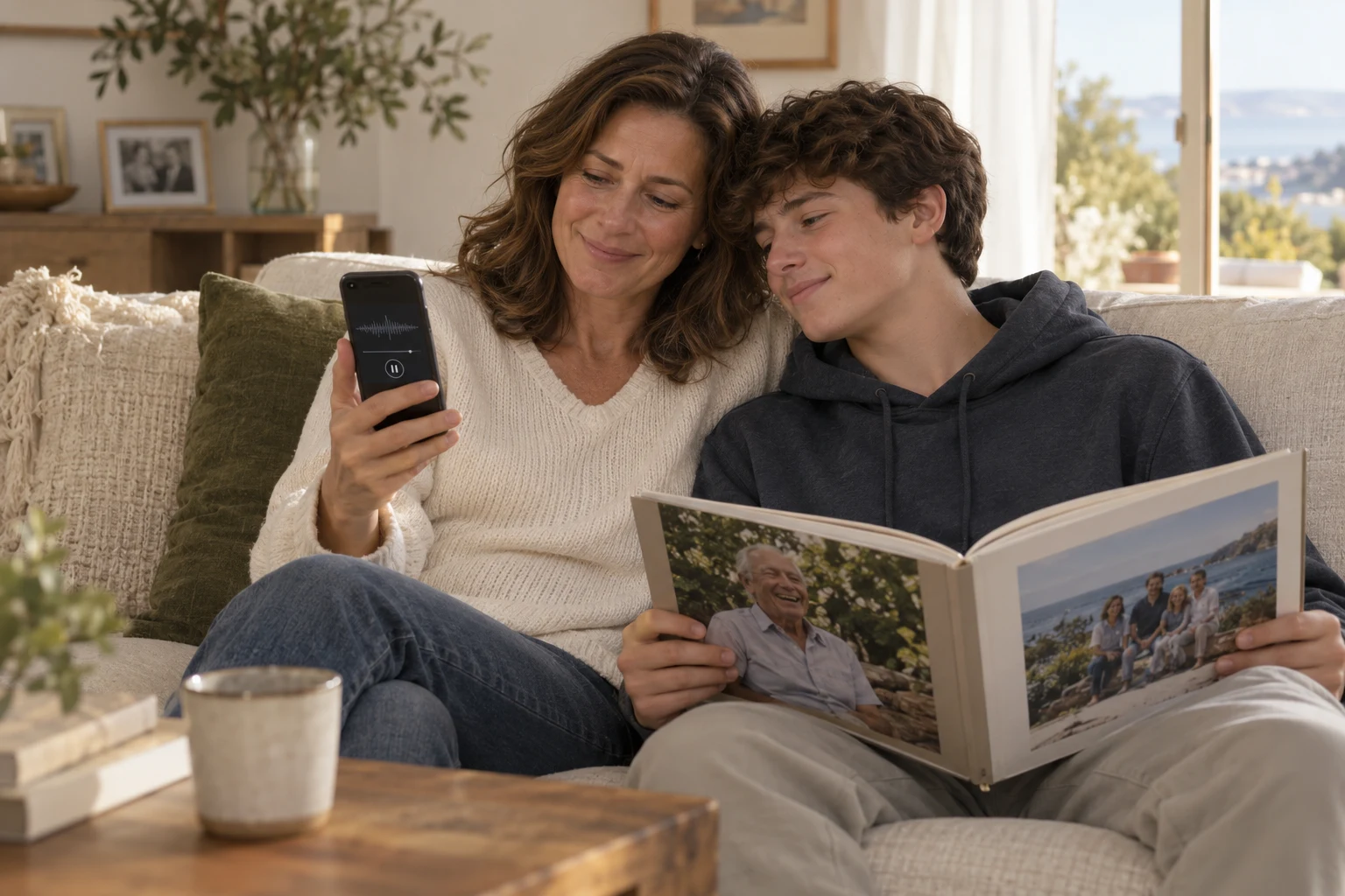 Illustrative mother and teenage son listening to a family recording while looking through a photo book