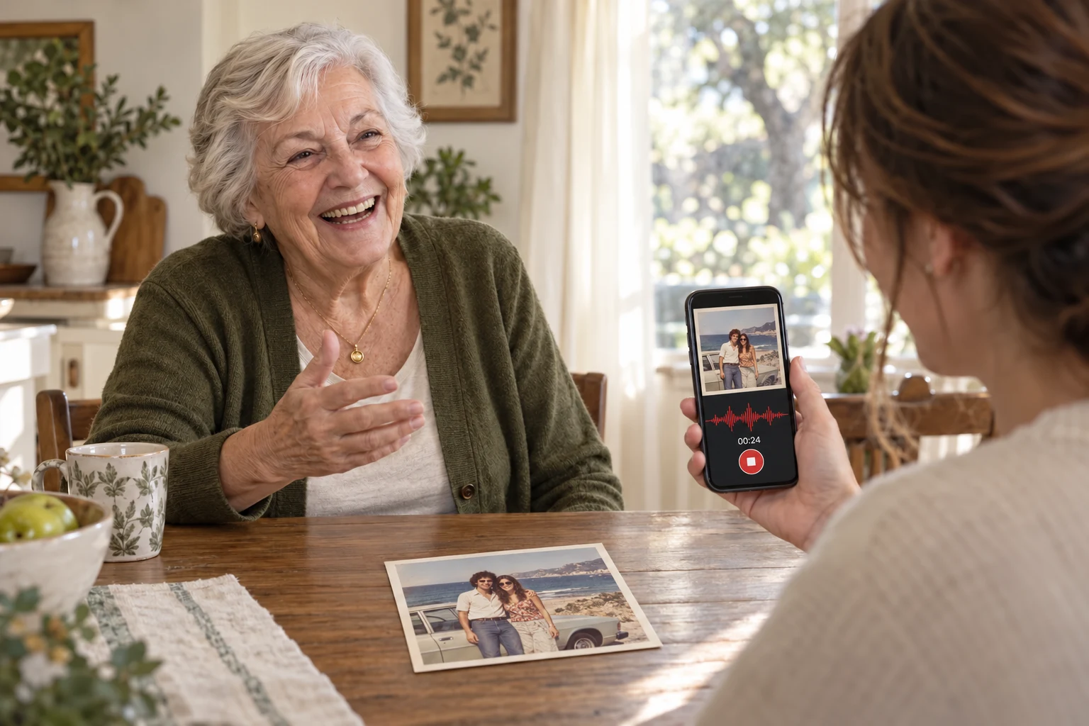 A daughter records her mother’s story; the phone shows the old family photo above sound waves and a red recording dot