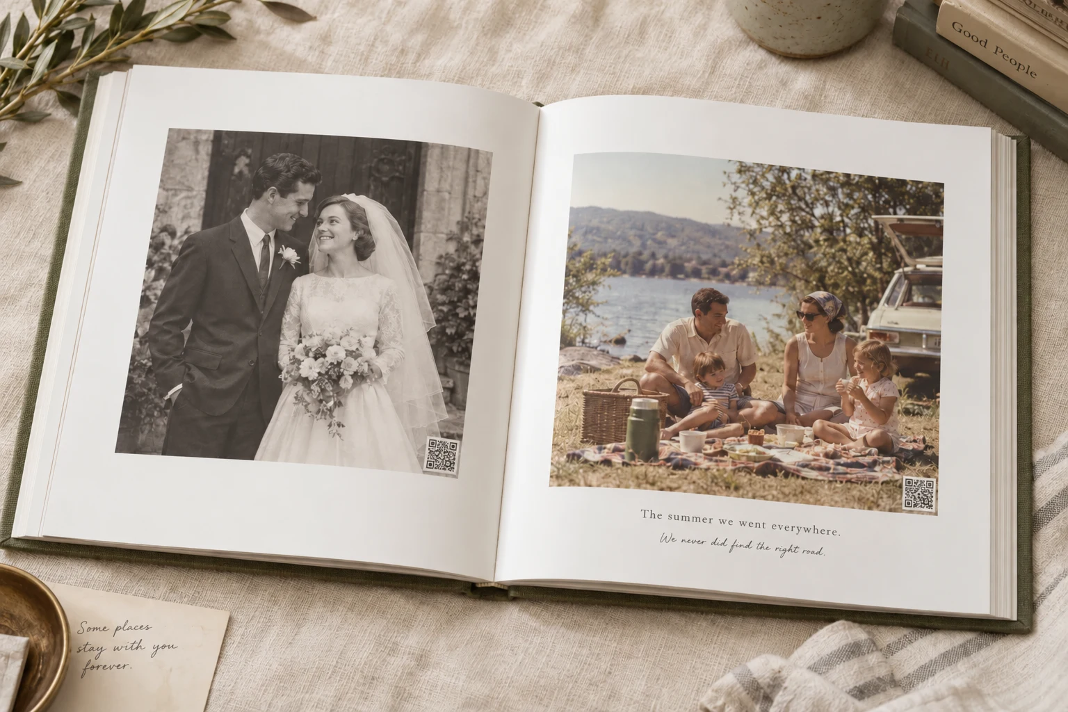 Illustrative memory book with a vintage wedding portrait, family picnic photograph and personal caption