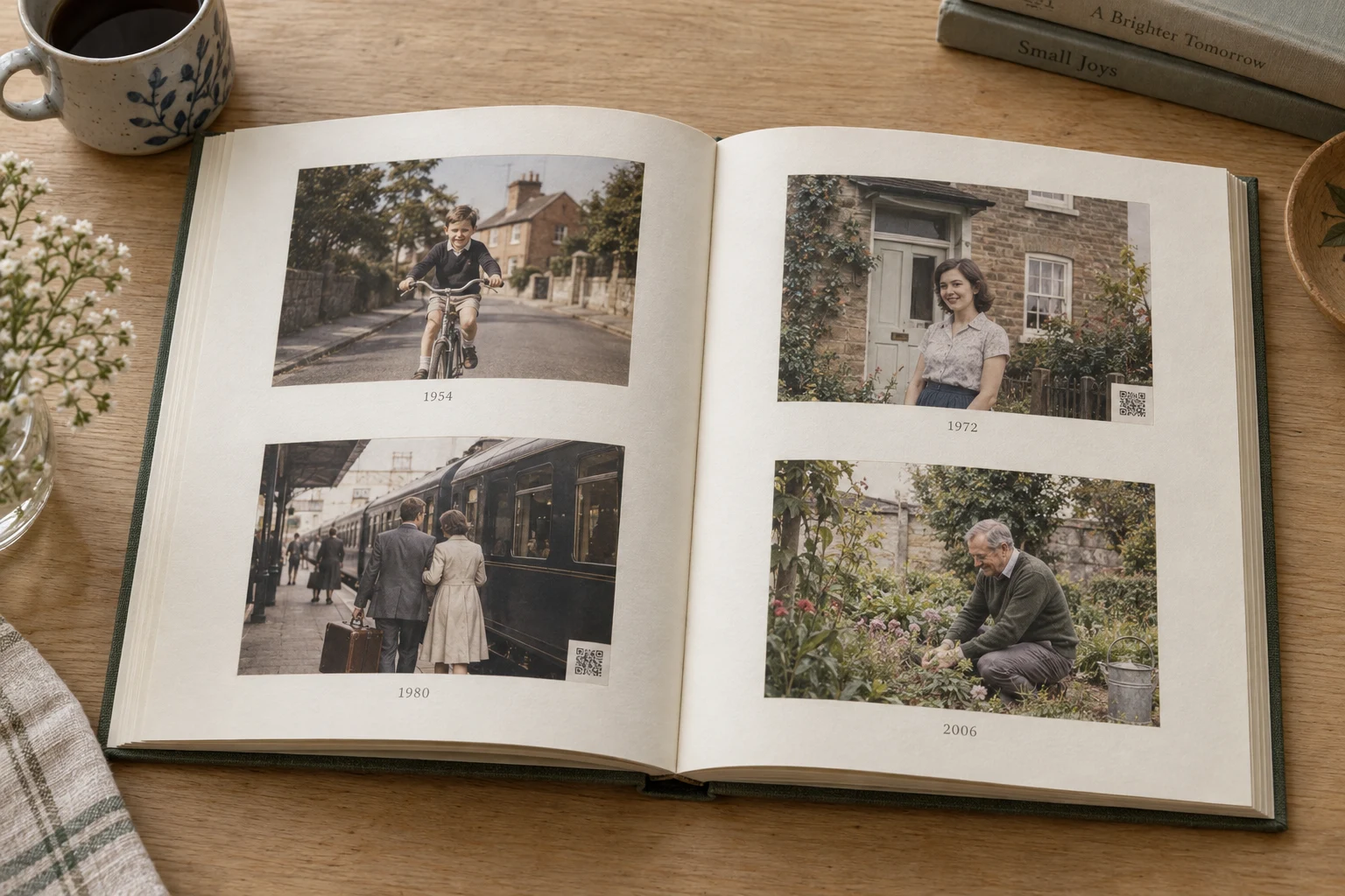 Illustrative memory book showing childhood, a first home, travel and gardening through the years