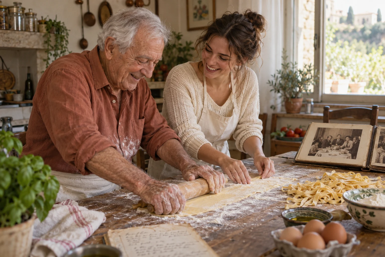 Illustrative grandfather and granddaughter laughing as they make pasta from his handwritten recipe